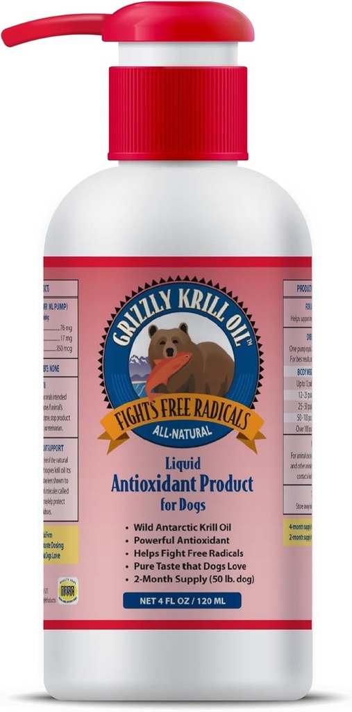 Grizzly Wild Antárctico Krill Óleo Antioxidante Anti-Natural Dog Suplemento Alimentar, 4 onças