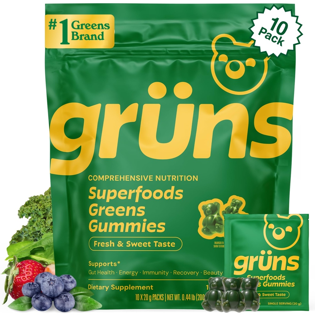 Gruns adulto Super Verdes Gummies - Superalimentos Gummy Bears com espirulina, chlorela e prebióticos para a saúde digestiva - Suplemento Adaptogens com 20 vitaminas e minerais, baixo açúcar- 2-semana de abastecimento
