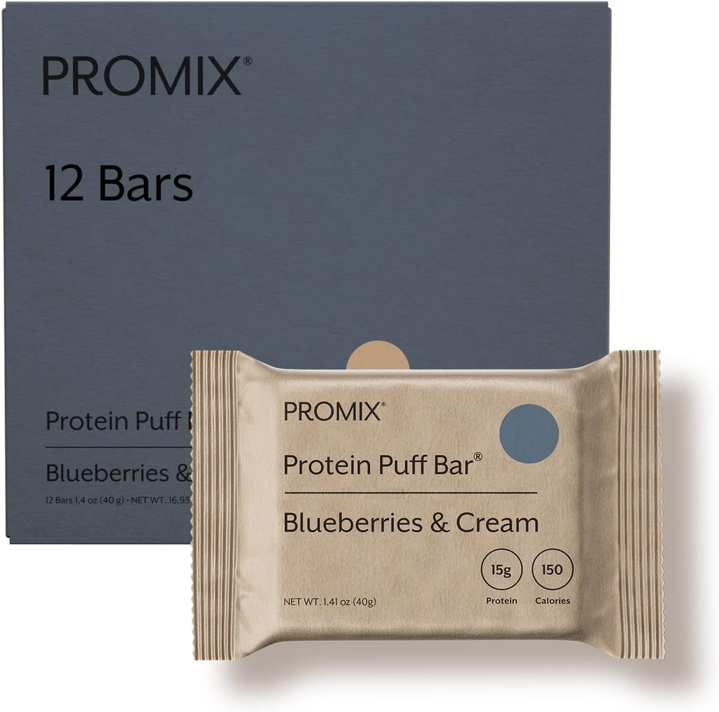 ProMix Nutrition Protein Puff Bares - mirtilos e creme - Marshmallow Crispy Treat - grande degustação e saudável no lanche - alta proteína e baixa calorias - livre de glúten, soja, & milho - 12 Bares