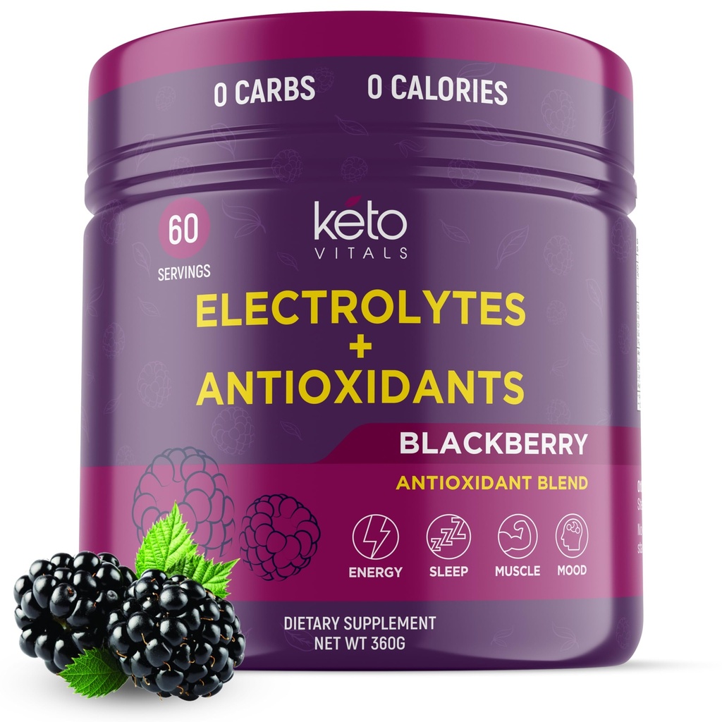 Keto Vitals Antioxidante Eletrólitos em Pó - Mistura Keto Eletrólitos com Potássio, Magnésio, Sódio e Cálcio - Sem Açúcar Eletrolítico Mistura e Hydração em Pó, 60 Servões, BlackBerry