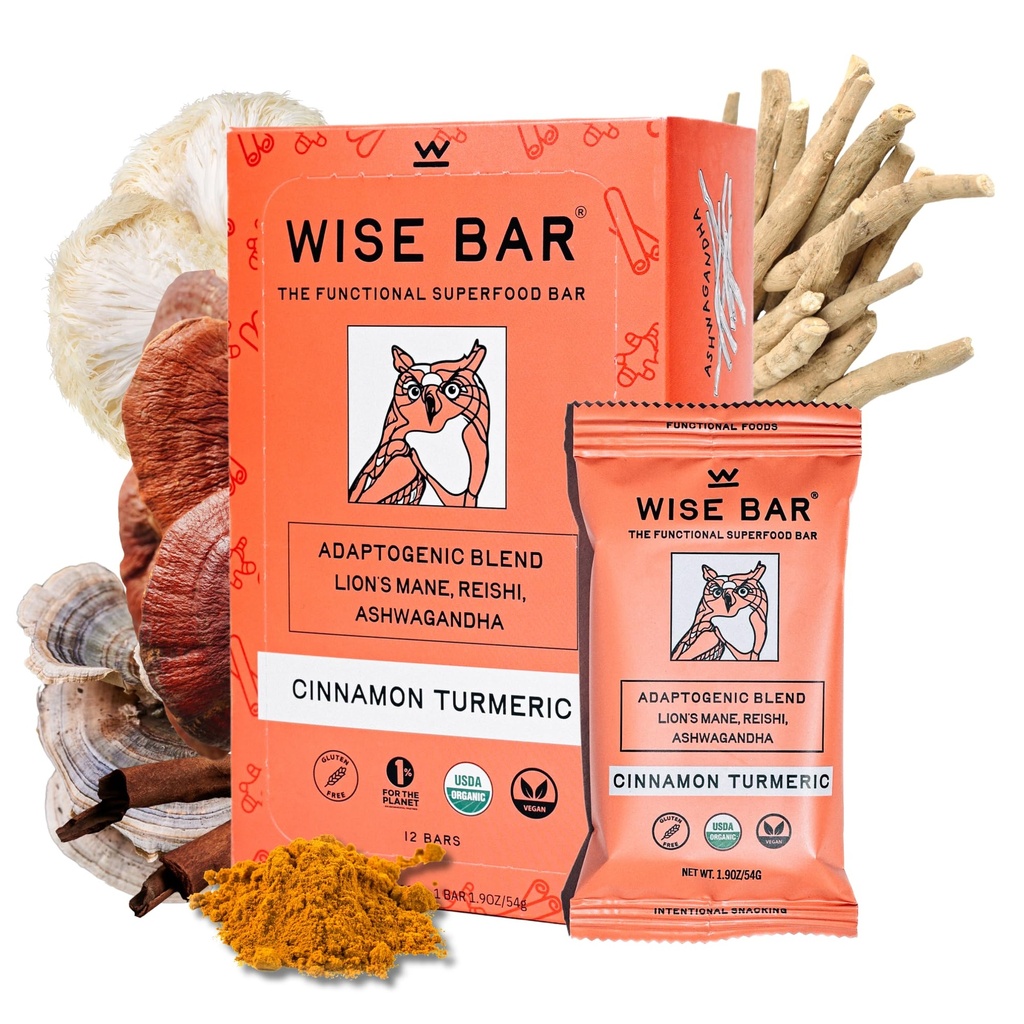 WISE BAR Adaptogen Mushroom Nutrition Bares com Reishi, Lions Mane & Ashwagandha, Vegan orgânico & Gluten Free Snacks para foco natural, Energia e suporte de imunidade, Canela sabor Turmeric, 12 Conde