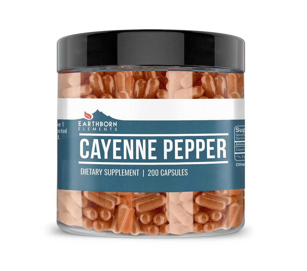 Elementos nascidos da Terra Cayenne Pepper 200 Cápsulas, Puro e não diluído, Sem aditivos