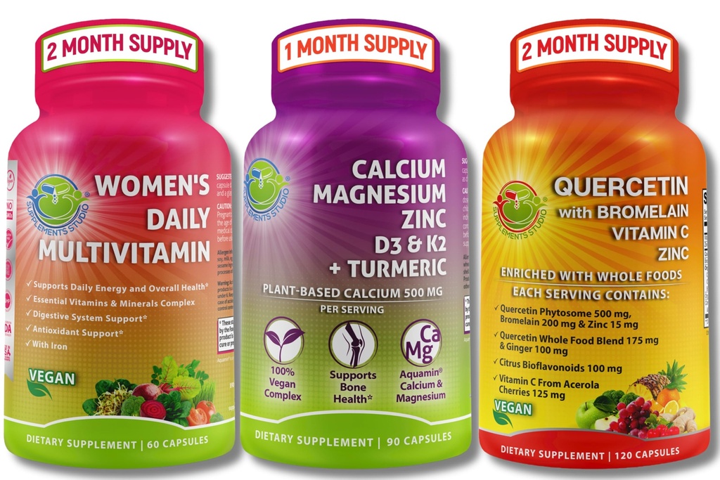 Imune com base em plantas, bone & Energy Support Bundle – Quercetin com bromelaína, vitamina C & Zinco + Magnésio de cálcio com D3, K2 e Cúrmico + Multivitamina feminina com ferro e superalimentos orgânicos