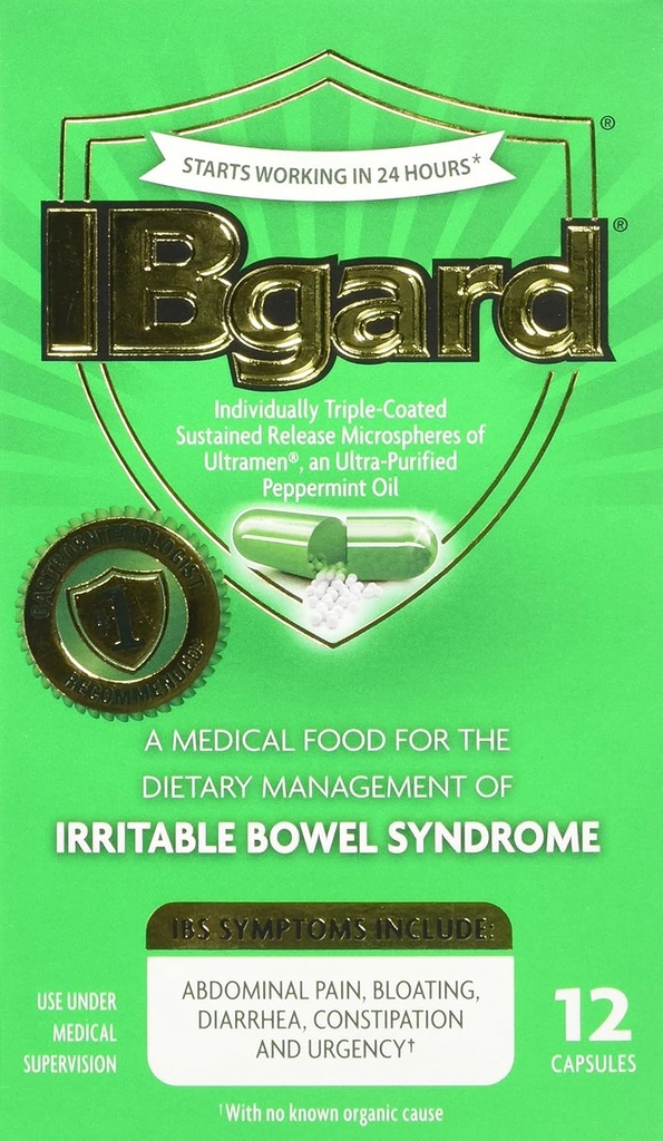 IBgard para Síndrome de intestino irritável (SII) Relief Bloating Gas 12 Cápsulas Caixa pequena 90mg Ultra Purified óleo de hortelã bom para primeiros timers