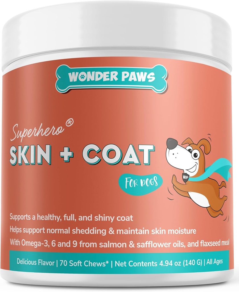 Wonder Paws Skin & Coat Supplement for Dogs with Salmon Oil, Omega 3 & 6, EPA & DHA, Promove Pele saudável e casaco, Itchy Alief, Joint and Global Health, Delicious Flavor, 70 pele & casaco mastigação suave