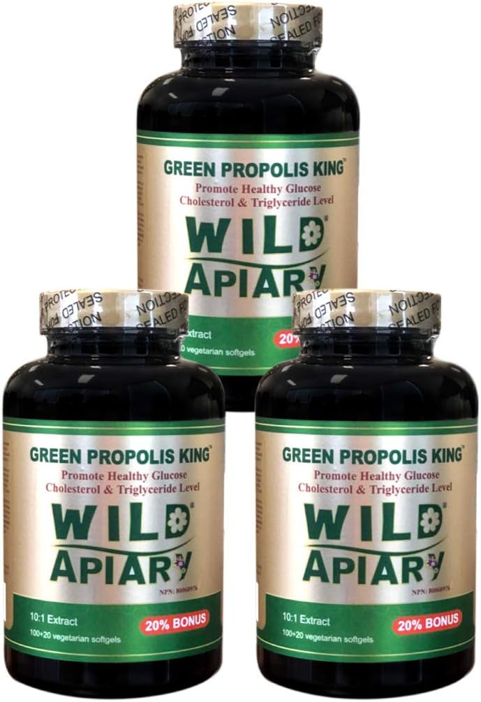 Genéricos 3 Garrafas de Wild Apiary Brazilian Green Bee Propolis King Vegetal Softgels (120 caps)-Não Alcoólico, Cera Livre, Açúcar Livre,