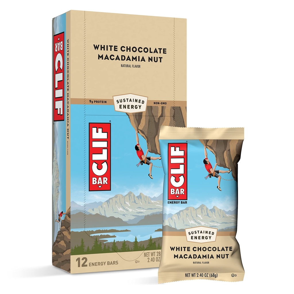 Barras de Clif - Barras de Energia - Chocolate branco Macadamia Fruto de Noz - Feito com Aveia Orgânica - Comida Baseada em Planta - Vegetariana - Kosher (2,4 barras de proteína de onça, 12 contagem)
