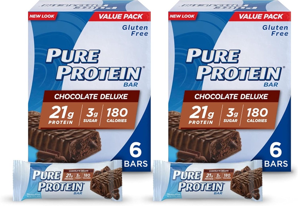 Pure Protein Bars, Alta proteína, Lanches nutritivos para apoiar a energia, Baixo açúcar, Gluten Free, Chocolate Deluxe, 6 Count (Pack of 2)