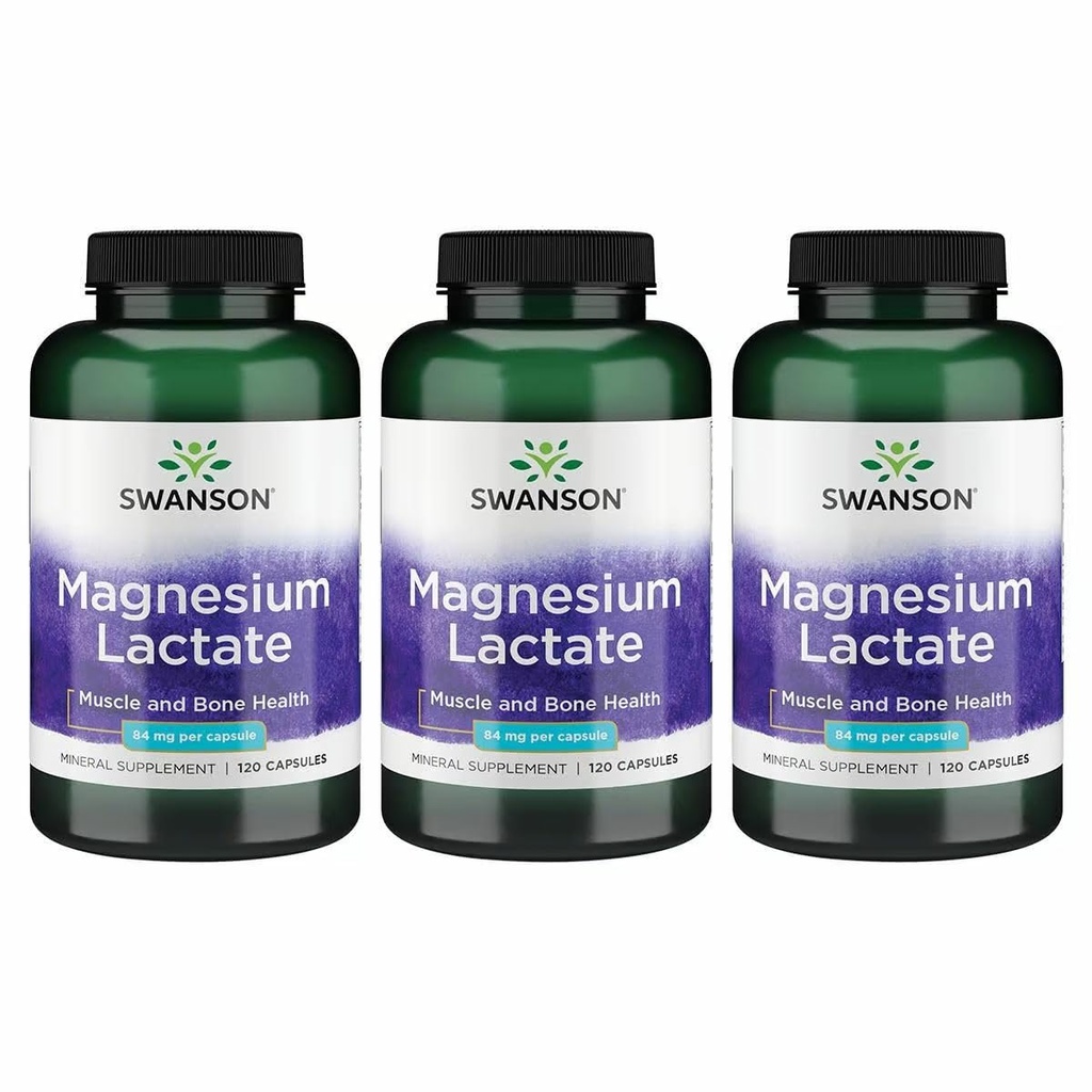 Lactato de Magnésio de Swanson - Suplemento mineral que promove apoio à saúde muscular e óssea - Forma Mineral de Lactato Livre de Lactose para Absorção Gentil - (120 cápsulas, 84mg cada) 3 embalagens