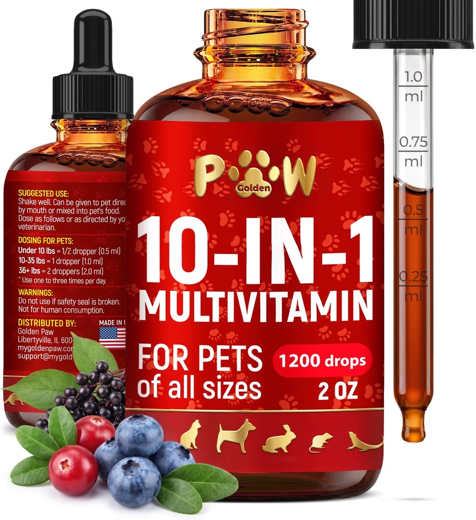 Multivitamina de gato – Vitaminas B, C e D3 em forma líquida – 10 em 1 cão vitaminas e suplementos para ajudar com alergias e ITUs – Vitaminas de gato para pele e revestimento – glucosamina para HIPS e articulações – 2 Oz