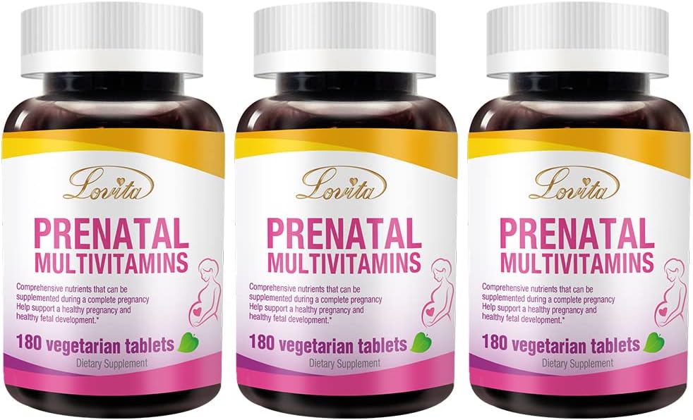 Lovita Vitaminas pré-natais com ferro 27 mg, Ácido Fólico 800mcg & Cálcio, Vegan Vitaminas pré-natais para mulheres durante e pós-preganato, Não OGM, 180 pílulas pré-natais vegetarianas (Pacote de 3)