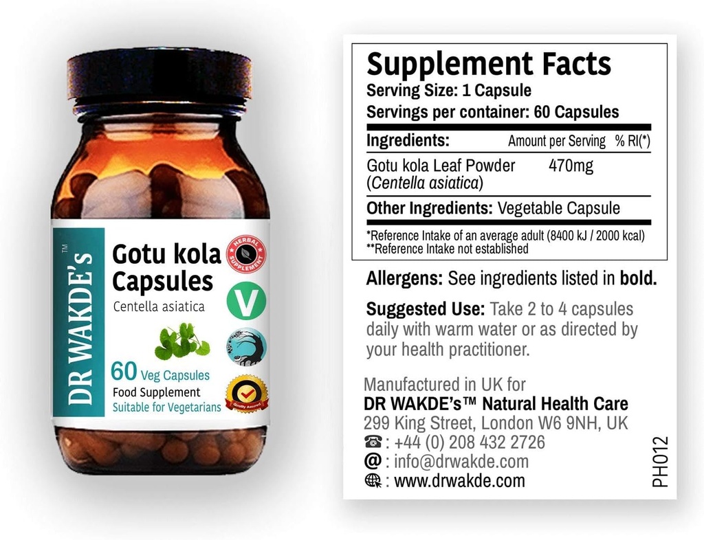 Cápsulas de Gotu kola de DR WAKDE (Mandukparni, Centella asciatia, 60 Veg Caps, Suplemento com base em plantas, Erva ayurvédica, Tudo Natural, Vegan)