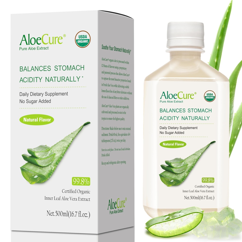 AloeCure USDA Orgânico Aloe Vera Juice Made Within 12 Hrs of Harvest - Puro Aloe Juice Natural Digestive Supplement to Support Digestion, Imune System and Balanced Stomach Acidez, 500ml Garrafa