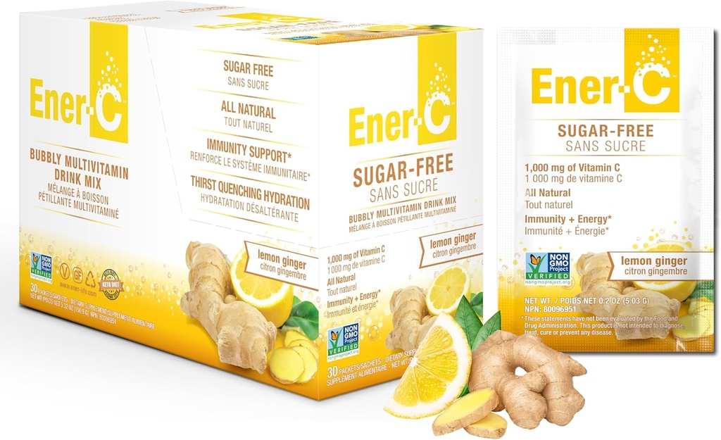 Ener-C açúcar livre de limão Ginger Multivitamin Drink Mix, 1000mg Vitamina C, Não-GMO, Vegan, Pó de suco de fruta real, Suporte de imunidade natural, Eletrólitos, Glúten grátis, 1-Pack de 30