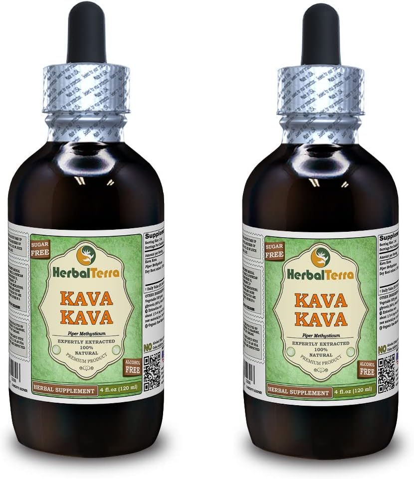 Kava Kava (Piper Methysticum) Glicerita, Extrato Líquido sem álcool (Nome da marca: HerbalTerra, Feito orgulhosamente nos EUA) 2x4 fl.oz (2x120 ml)