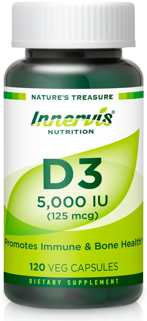 Vitamina D3 5000 UI de alta potência – Aumente a imunidade, suporte osso e dentes, fácil de engolir 120 Veg Cápsulas