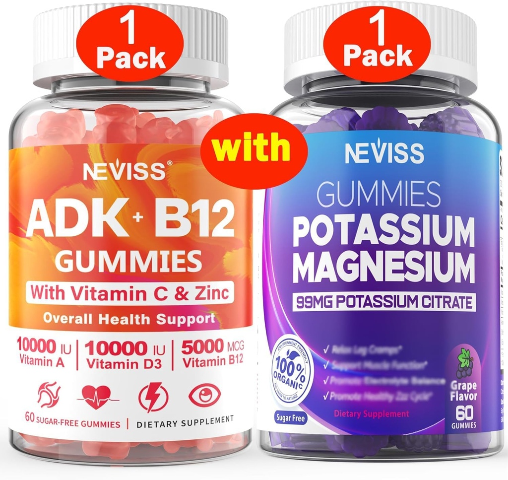 NEVISS 1Pack Vitamina ADK com pastilhas de magnésio B12 + 1Pack Potássio
