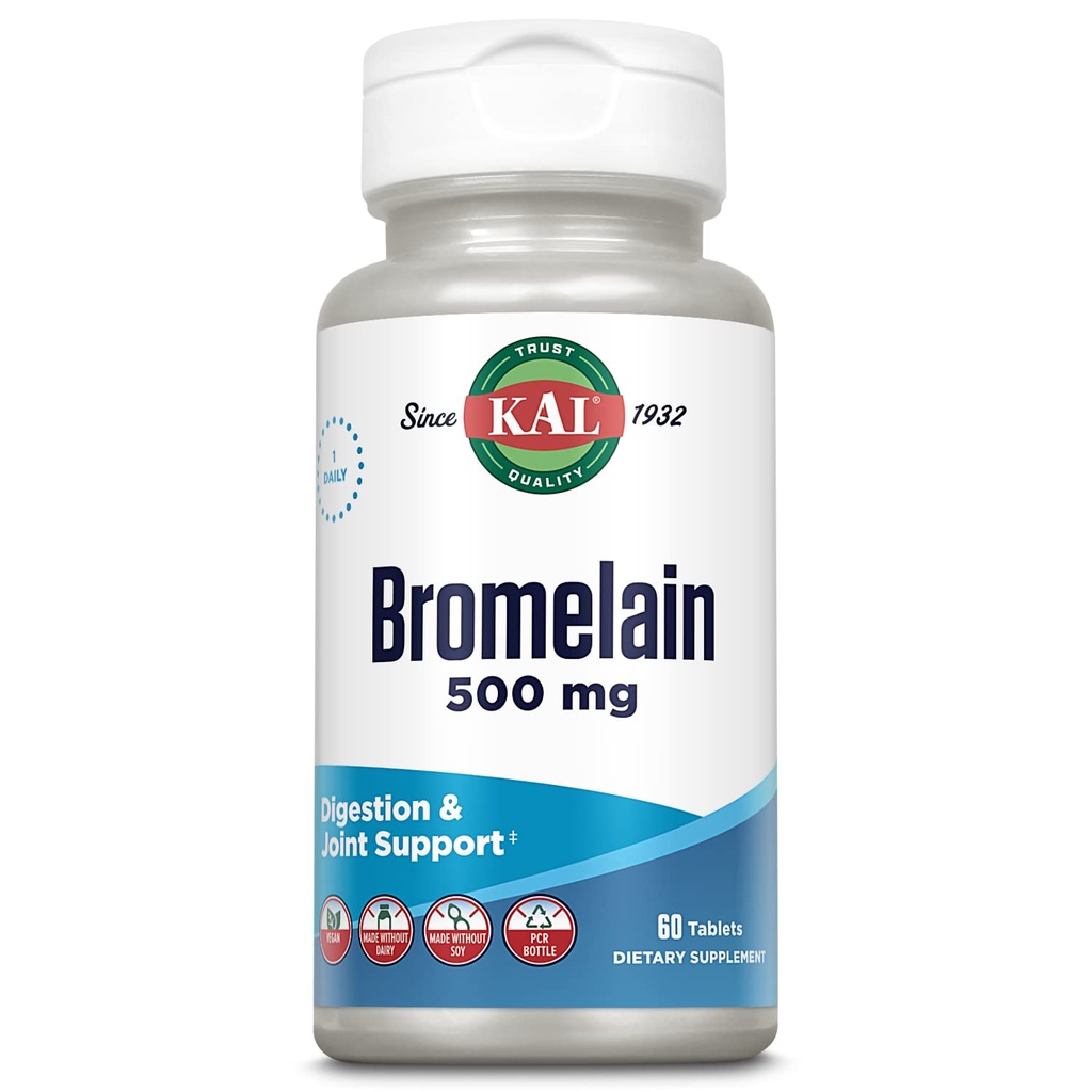 KAL Bromelain 500 mg, Digestão e suplemento de apoio conjunto, Enzimas Digestivas, Extrato de abacaxi, Desintegração rápida, Vegan, Feito sem leite ou soja, Verificado em laboratório, 60 Servings, 60 Tablets