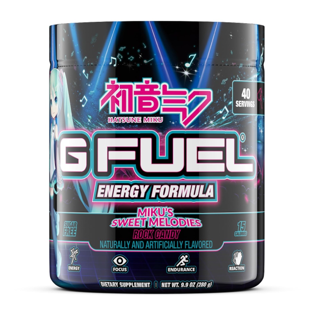 G Combustível Doce Melodies Hatsune Miku Energia Beber Pó, Mistura de cafeína pré-treino para jogos, Sugar Free Focus Amino, Vitamina + Antioxidantes, 9.9oz (Rock Candy, 40 Servings)