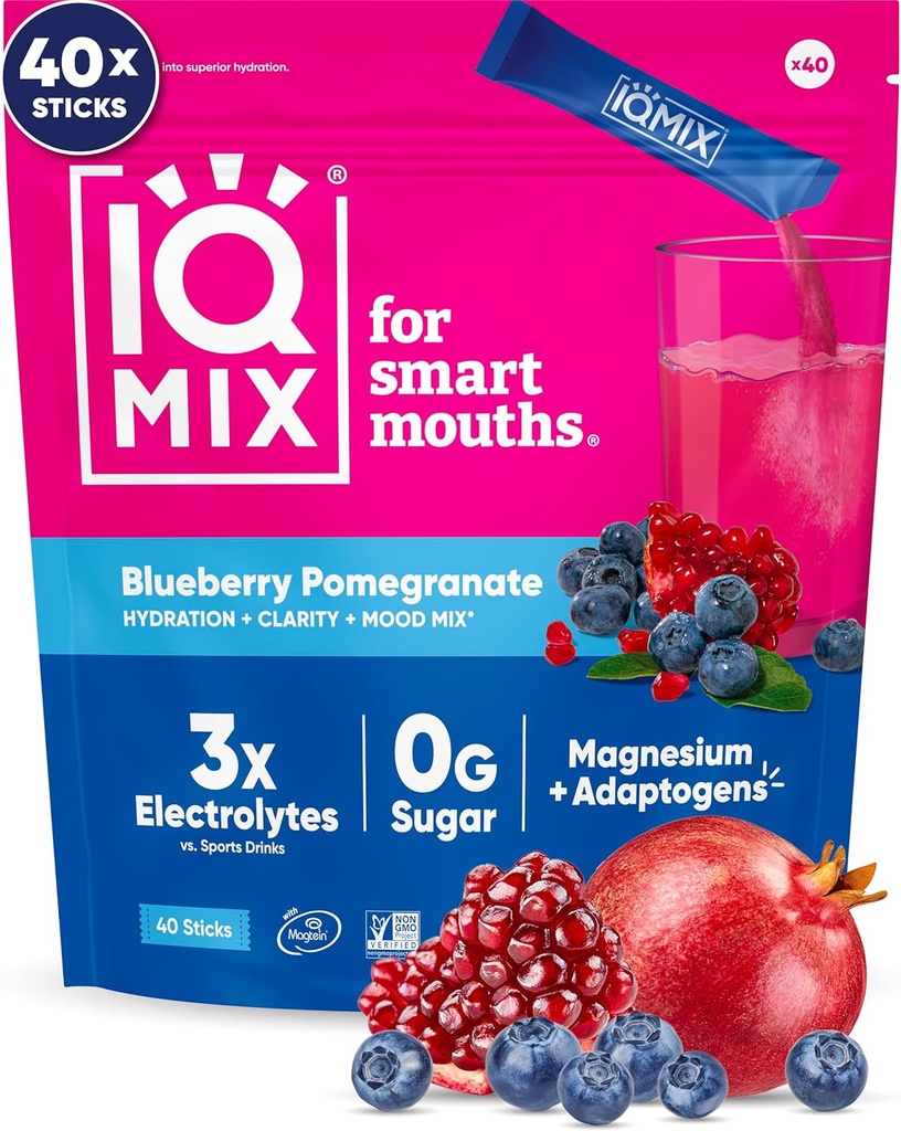 IQMIX Hydration Electrolyte Powder – Fórmula 4-em-1 para hidratação, clareza mental, humor e recuperação – Mistura de bebida sem açúcar, Keto, Magnésio L-treonato, Mane Leão – 40 Count Blueberry Romã