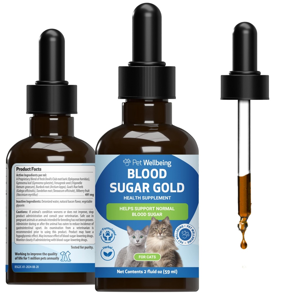 Bem-estar do animal de estimação - Ouro de açúcar para gatos - Suporte Natural para níveis saudáveis de açúcar no sangue em gatos diabéticos - Estabilização de insulina e função pancreática normal - 2 oz (59 ml)
