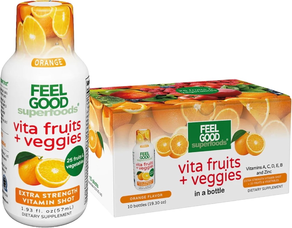 FeelGood Superfoods Vita Fruits and Veggies Imune Support Shot Supplements, Orange Flavor, Pack of 10 Immunity Shots, Imune System Booster Drink Made with 25 Organic Fruit & Vegetals