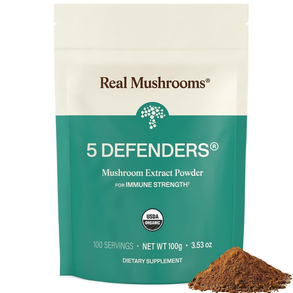 Cogumelos reais 5 Defensores Cogumelo Pó Complexo – Extrato de Cogumelos Orgânicos de Chaga, Reishi, Tail Turquia, Maitake & Shiitake Mushroom Mistura para suporte de bem-estar com Beta Glucans - 100 Servings