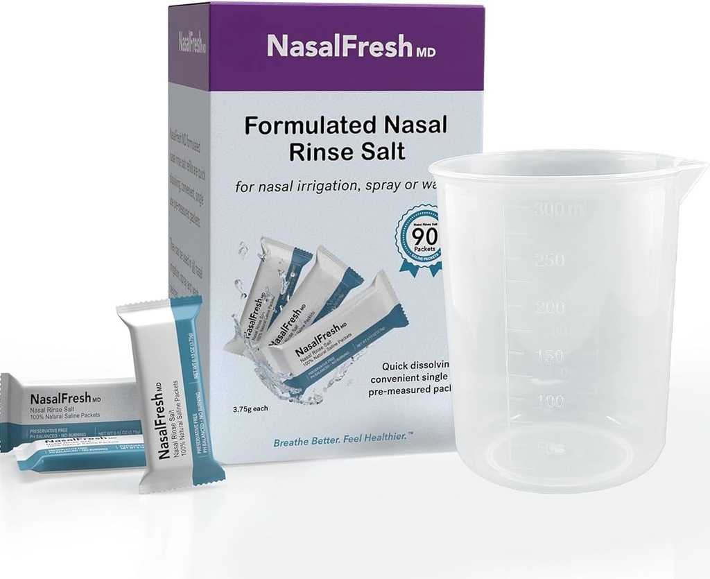 NASALFRESH MD - Embalagens salinas - Solução rápida - Uso único - Pré-mensurado - Irrigação nasal - Individualmente Envolto (3.75g/1.3oz) - Pacotes de Refil de 90 Count - Copa de 300mm