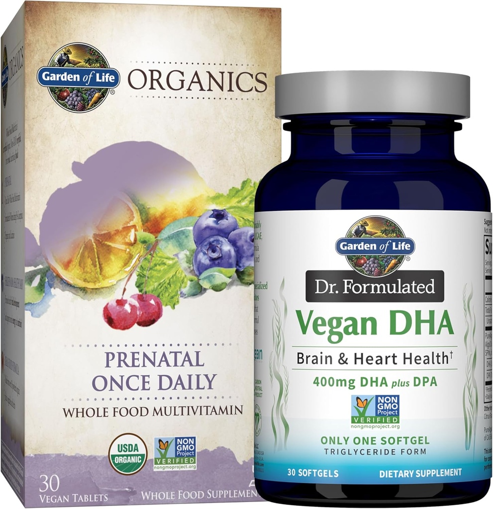 Jardim da vida uma vez dia Vegan DHA + Prenatal Multi Bundle: Dr Formulado Vegan DHA 30 Softgels + Orgânicos pré-natal uma vez diário multivitamins com folato para a saúde pré-natal da mulher, 30 Comprimidos