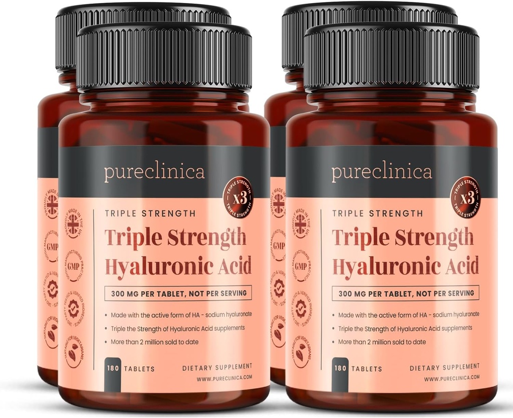 Pureclinica Triple Strength Ácido Hialurónico 300mg x 720 Comprimidos (4 frascos de 180) - 2 anos de fornecimento
