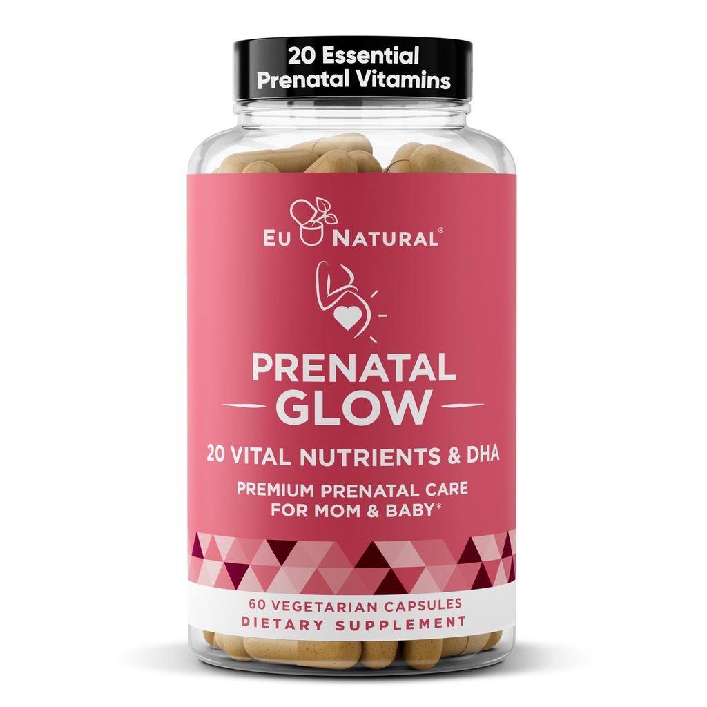 Vitaminas pré-natais brilhantes para as mulheres – 20-em-1 nutrientes vitais para gravidez saudável e desenvolvimento fetal – Ácido Fólico & Vegan DHA para o crescimento do bebê e uma gravidez confortável – 60 cápsulas de nutrição
