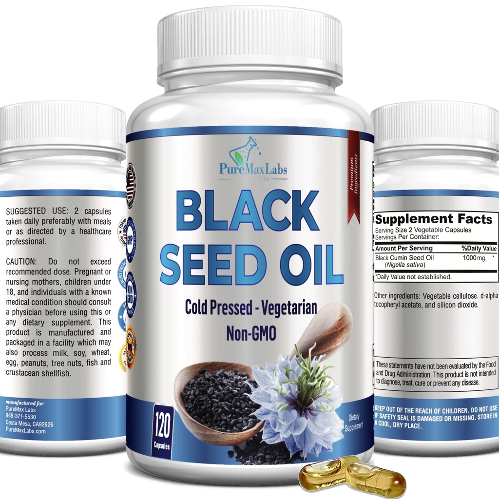 Óleo de semente preta prensado a frio - 120 Cápsulas, Premium Nigella Sativa Pure Black Seed Oil com Vitamina E, para Cabelo, Pele e Saúde Imune - Não-GMO 120 Cápsulas