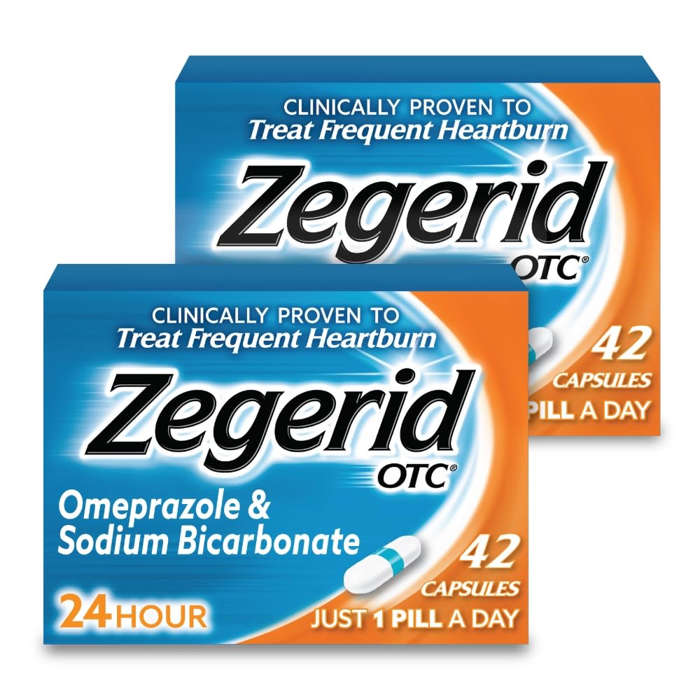 Zegerid OTC, 24 horas de alívio da azia, remédio de refluxo ácido e antiácido, trata azia frequente, omeprazol 20mg + bicarbonato de sódio, inibidor da bomba de prótons (PPI), duas caixas 42ct