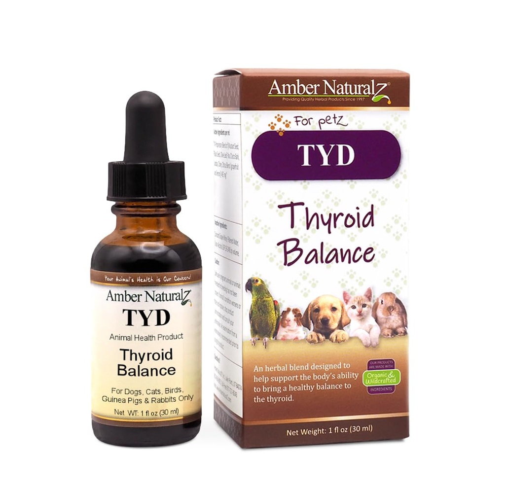 Amber NaturalZ TYD Thyroid Balance Suplemento de ervas para cães, gatos, pássaros, porcos da Guiné e coelhos