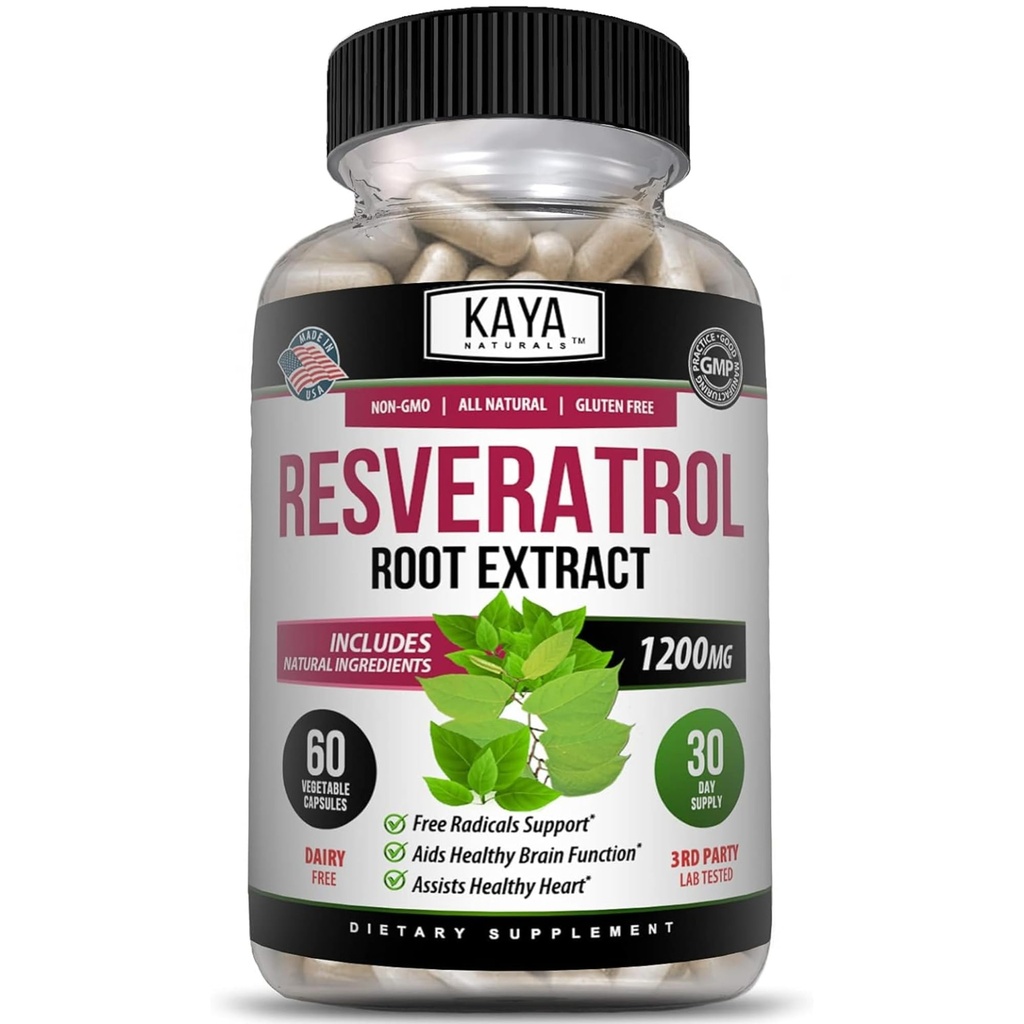 Kaya Naturals - Cápsulas de Resveratrol - Suplemento Anti Envelhecimento - Antioxidantes com Apoio ao Cérebro - Benefícios Máximos - 60 Cápsulas Vegetais
