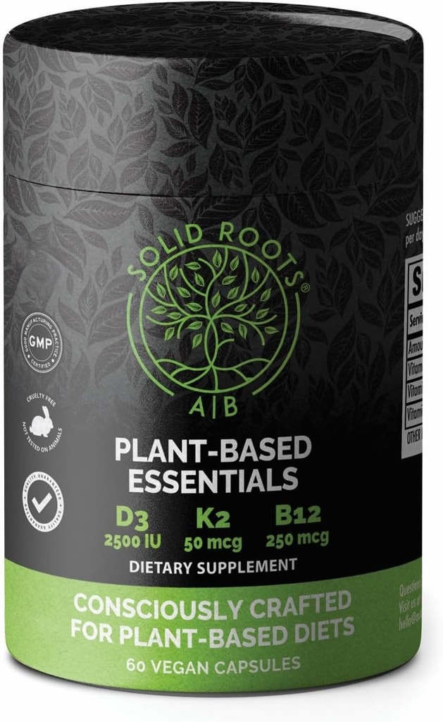 SOLID ROOTS Vegan Vitamina D3 + K2 + B12 para os ossos, coração, pele, dentes com base em plantas multivitamin Essentials
