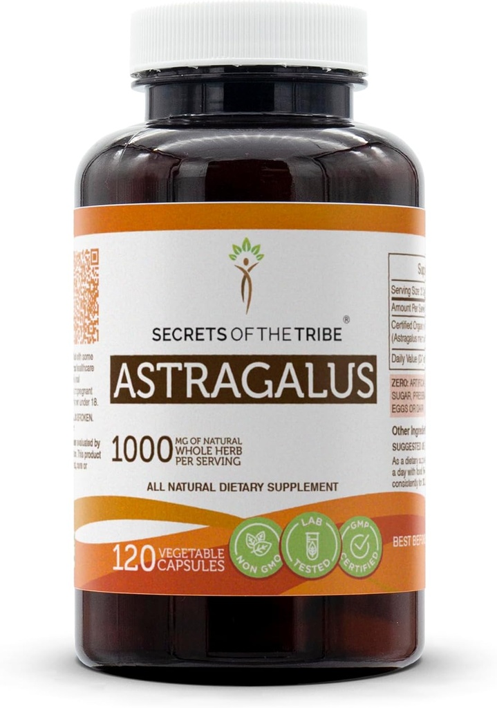 Segredos da tribo Astragalus 120 Cápsulas, Feitas com Cápsulas Vegetais e Astragalus (membranaceus) Raíz Seca