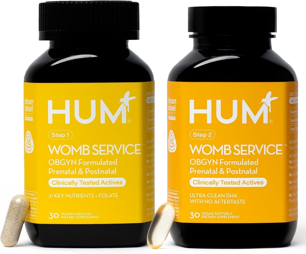 Serviço de Hum Womb pós-natal e pré-natal suplementos para mulheres, OBGYN Formulado com Vegan DHA, Colina e folato, Nutrientes diários limpos, Pré-a-Post Gravidez Suporte, 30 Cápsulas Vegan & 30 Softgels