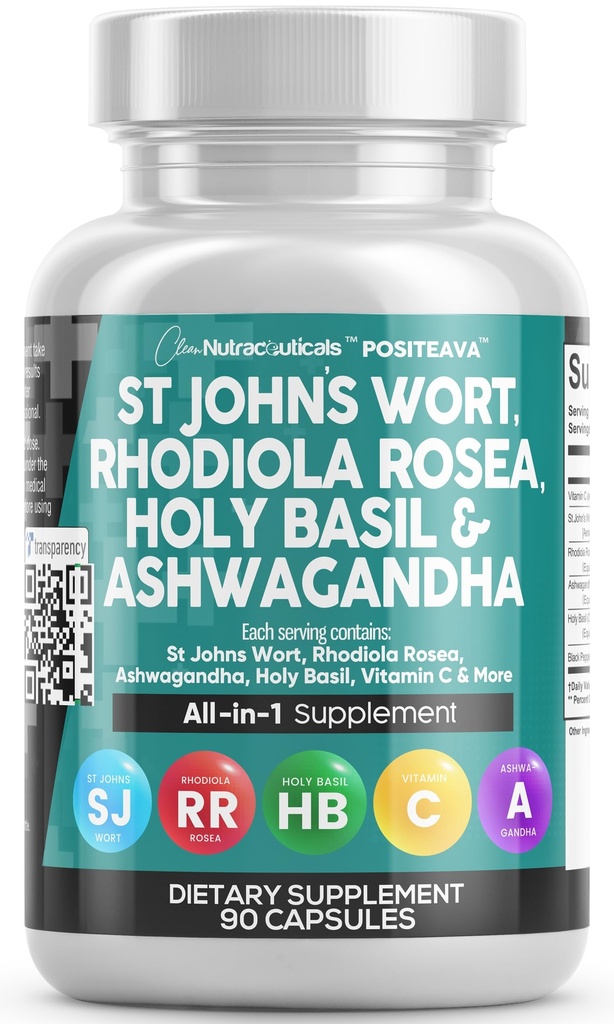 Nutracêuticos limpos St Johns Wort Rhodiola Rosea Holy Basil Ashwagandha - Apoio ao humor para mulheres e homens com vitamina C & Extrato de Pimenta Negra - 90 Caps