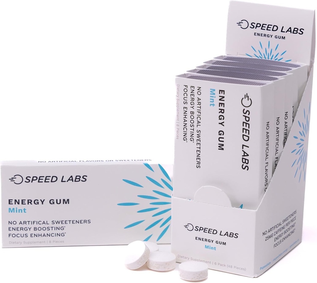 Laboratório de velocidade Menta Natural Cafeína Energia Gum 25mg Cafeína, Taurina, B Vitaminas por Peça, 48 Peças (6 Embalagens de 8) Livre de Açúcar, Calorias Zero, Naturalmente Adoçado, Gluten Free