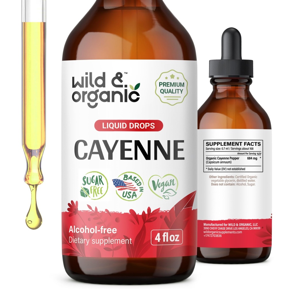 Selvagem & orgânica Cayenne pimenta Tintura - Suporte digestivo com Capsaicin Extract - Cayenne pimenta líquido gotas para geral bem-estar - Vegan, Açúcar & Álcool-livre - 4 fl oz