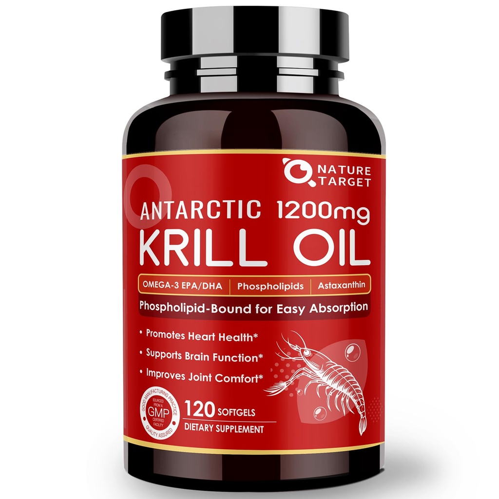 NATURE TARGET Krill Oil 1200mg com Omega-3 EPA & DHA com Astaxantina, Fosfolipídios e Cholina - Apoia Coração, Cérebro, Junte-se à Saúde, Não-GMO, Gluten Free, 120 Softgels (60 Servings)