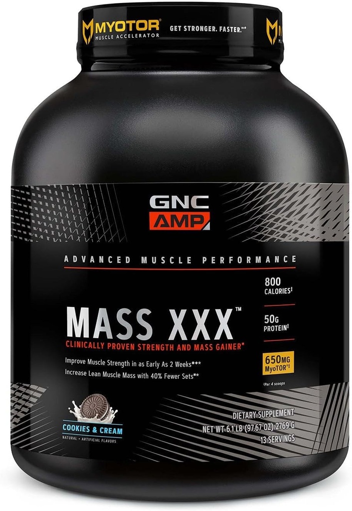 GNC AMP Mass XXX, Proteína de ganho de peso clinicamente comprovada em pó, melhora a força, tamanho, 780 calorias, 50g de proteína, aminoácidos micronizados, creatina, betaína, cookies e creme, 13 serviços, 6 SVG