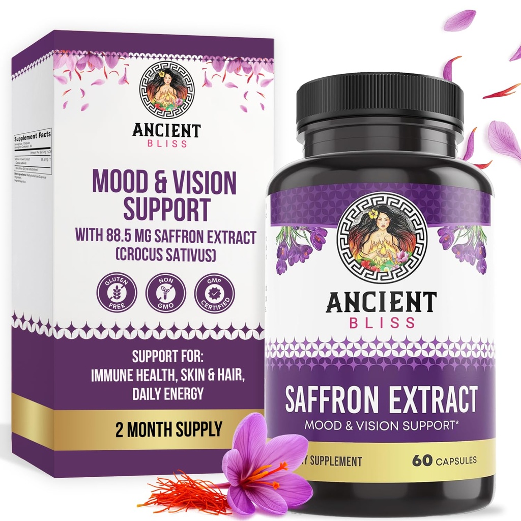 Ancient Bliss Saffron Extract Cápsulas Mood & Eye Support Supplement, Saffron Extract Appetite Supressant Weight Management para Mulheres e Homens (60 Cápsulas)
