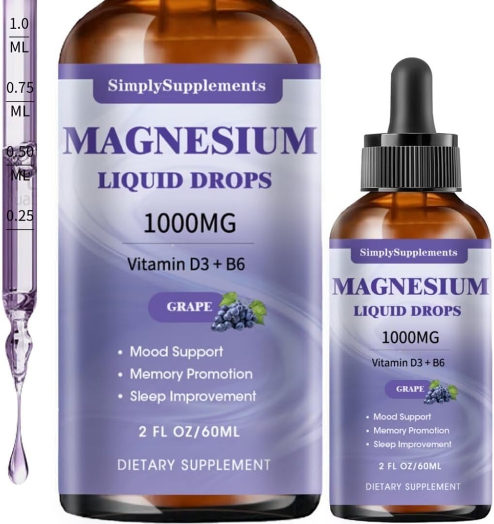 Tripla Gotas Líquidas Complexos de Magnésio, 1000mg Gotas de Glicinato de Magnésio, Taurato e Citrato com L-teanina, Vitamina D3 e B6 para Sono e Apoio Músculo, Magnésio Calmo, Flavor de Uva, 2 Fl OZ