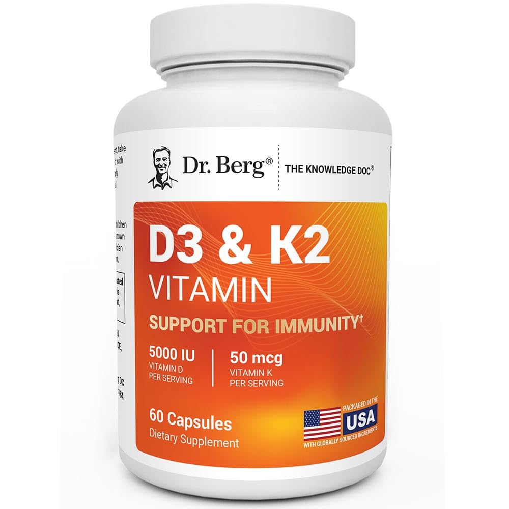 Dr. Berg Força Máxima 2-em-1 Vitamina D3 K2 5000 UI Naturalmente Derived D3 - 4X Lab-Testes & Verificados - Fórmula de alta absorção - 60 Cápsulas