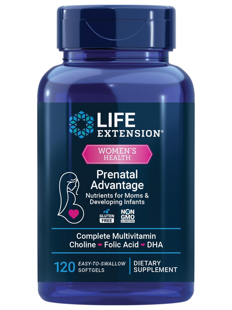 Extensão da vida Vantagem pré-natal, multivitamina da mulher, suporte do bebê, ácido fólico, cholina, ômega-3s, vitamina C, D3, B1, B6, B12, zinco, niacina, Glúten Livre, Não-GMO, 120 softgels