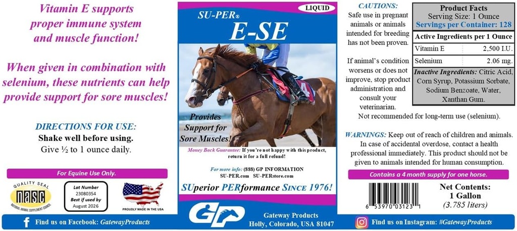 SU-PER E-Se Horses Antioxidante Suplemento - Vitamina E & Selênio para o apoio dos músculos doloridos - 1 Galão, Fornecimento de 4 meses (120 dias)