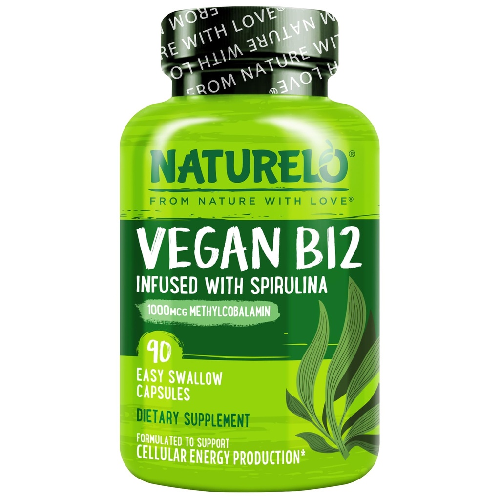 NATURELO Vegan B12 - Metil B12 com espirulina orgânica - Vitamina de alta potência B12 1000 mcg Metilcobalamina - Suporta humor saudável, Energia, Coração e Saúde dos Olhos - 90 Cápsulas