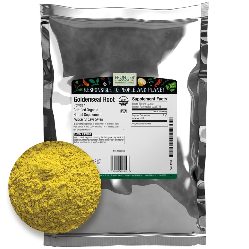 Frontier Cooperativo Orgânico Goldenseal Root Powder, 1/4 lb - Terra, raiz de ervas amarga com cor amarela brilhante para chá e Tintura Receitas - 4 onças